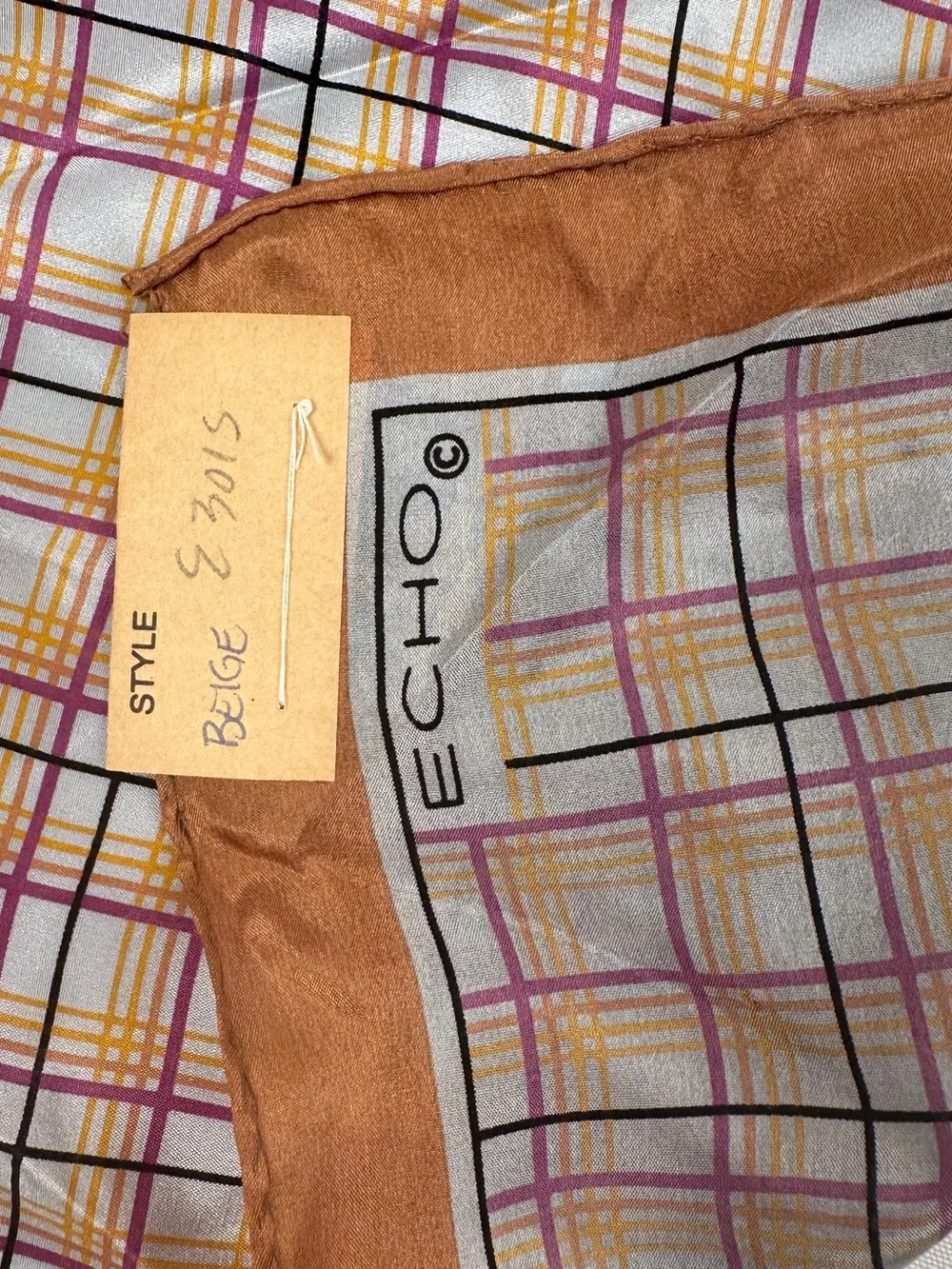 Echo NWT Vintage Plaid 100% Silk Scarf Japan Copper, Gray, Navy, Purple